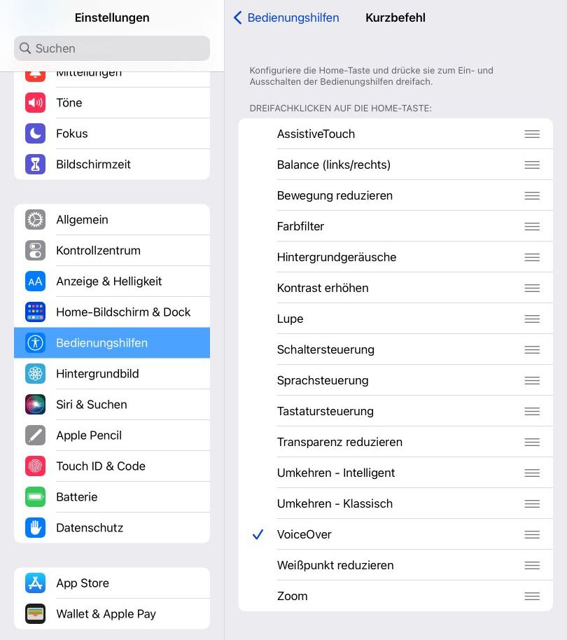 Bildschirmausschnitt der iOS-Kurzbefehl-Einstellungen mit aktiviertem Punkt VoiceOver