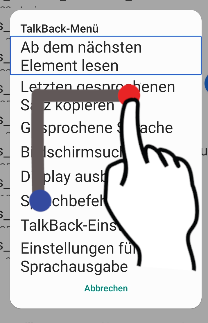 Screenshot des Android-Talkback-Menüs mit Darstellung der Geste zum Öffnen