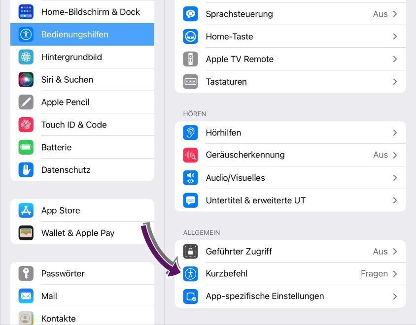 Bildschirmausschnitt der iOS-Einstellungen mit hervorgehobenem Punkt Kurzbefehl