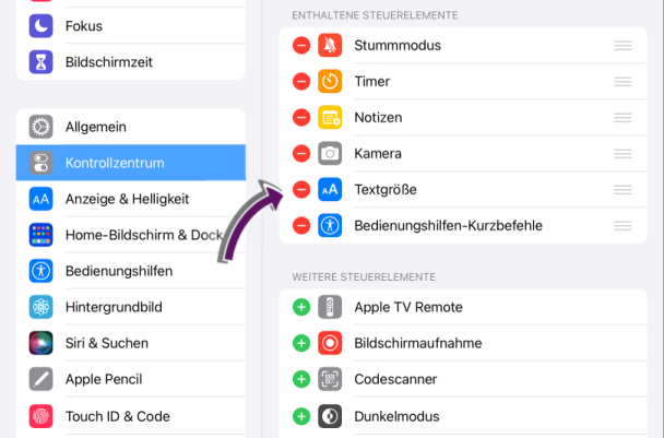 Bildschirmausschnitt der iOS-Einstellungen für das Kontrollzentrum