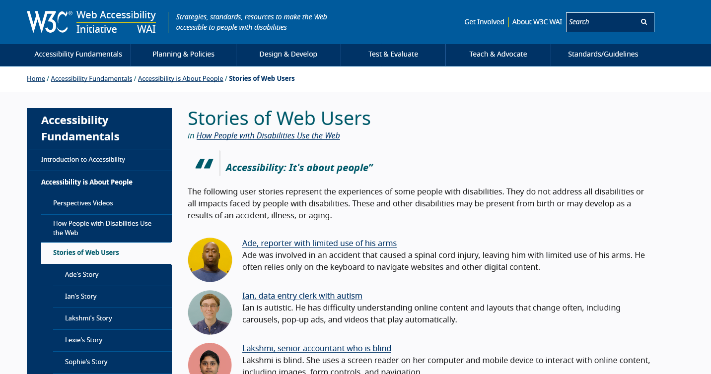 Screenshot der WAI-Webseite mit den Stories der Web-User mit Link zur Vergrößerung